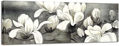 Wieco Art Magnolia Modern Wrapped Floral Artwork Giclee Canvas Prints White and Grey Flowers Pictures Paintings on Canvas Wall Art Ready to Hang for Living Room Bedroom Home Decorations 48x16