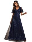 Ever-Pretty Women's Elegant Sequin Short Ruffle Sleeve Embroidery A-Line Evening Dress Formal Wedding Maxi Dress Navy Blue 10UK