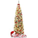 DORTALA 7.5FT Artificial Pencil Christmas Tree, Pre-Lit Snow Flocked Hinged Pine Xmas Tree w/Warm LED Lights, Foldable Metal Stand, Home Decoration