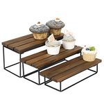 MyGift Rustic Burnt Solid Wood and Black Metal Wire Rectangular 3 Tiered Dessert Display Riser Cupcake Stands, Set of 3