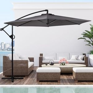 Shintenchi Patio Offset Umbrella w/360-Degree Rotation, Outdoor Cantilever Hanging Umbrella w/Easy Tilt Adjustment,Crank and Cross Base, Outdoor Sun Shade with 8 Ribs, Dark Gray