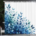 Ambesonne Blue Shower Curtain, Leafy Branches Diagonal Style Pattern in Watercolor Design Nature Dream Motif, Cloth Fabric Bathroom Decor Set with Hooks, 69" W x 70" L, Teal Blue and White