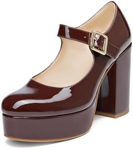 Coutgo Mary Jane Shoes Women Red Brown Platform Heels for Women Patent Chunky Heels