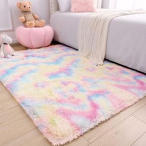 DETUM Rainbow Rug 4x6 Feet - Fluffy Area Rugs for Girls Room Soft Bedroom Living Room Rug Tie-dye Shag Rug Rugs for Kids Room 4' X 6' Non-Slip Backing Nursery Office Dorm Washable Carpets