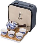 fanquare Portable Chinese Travel Tea Set, Handmade Kungfu Tea Service, One Teapot, 4 Tea Cups, Bamboo Tea Tray with Travel Bag, Blue and White