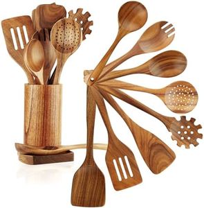 FJNATINH Lot de 10 cuillères en bois de teck avec support, ustensiles de cuisine antiadhésifs pour poêles et ustensiles de cuisine