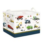 Clastyle Cartoon Construction Truck Boys Toy Shelf Basket for Kids Room Excavator Bulldozer Blue Rectangle Clothes Books Cube Storage Basket, 36L