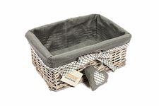 Woodluv Grey Wicker Rectangular Storage Gift Hamper Basket With Removable Lining - Medium