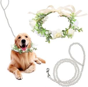 Collar de Flores para Perros Boda, Collar Perro Flores Blancas Boda Cachorro Femenino con Accesorio de Flores Perlas Correa de Perro con Cuentas para Perros Medianos Mascotas Foto Prop