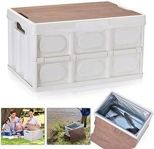 55L Collapsible Storage Bin with Wooden Lid and Waterproof Insert Perfect for SUV Groceries Camping