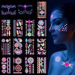 Scettar 15 Sheets Neon Temporary Tattoo, 200+UV Blacklight Neon Glow Fake Tattoos Multiple Designs Glow in the Dark Neon Tattoos Rave Festival Accessories for Women Girls Party Supplies