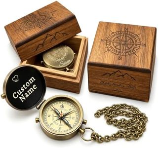UGU Personalized Brass Compass with Leather Pouch or Engraved Wooden Box, Vintage Compass for Hiking Survival, Gifts for Men, Hikers, Groomsmen, Retirement (Handcrafted Brass Compass 03)