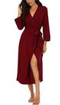 PrinStory Women Kimono Robes Long Knit Bathrobe Soft Womens Dressing Gowns V-Neck Sleepwear Casual Ladies Loungewear (Wine Red, L)