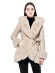 GRAN ORIENTE Women's Faux Leather Coat with Faux Fur Collar,Winter Warm Belted Mid Length Trim Jacket Fur Lined with Hood, Apricot, Small