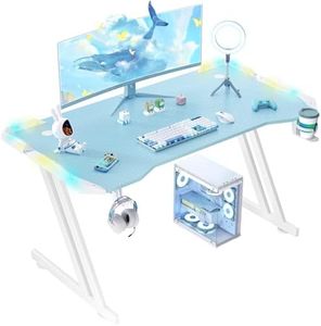 DLONGONE Blue Gaming Desk with LED Lights, 120 x 60cm Gaming Table for Laptop, Home Office Desk with Carbon Fiber Coated, Gaming PC Desk with Headphone Hook and Cup Holder, Easy to Assemble