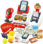 Babygleam Supermarket Big Red Cash Register Toy for Kids with Checkout Scanner, Fruit Card Reader, Credit Card Machine, Play Money and Food Shopping Play Set