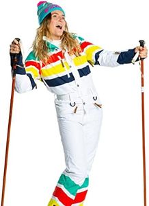 Womens Retro Snowsuit | Insulated Waterproof Snow Gear (Medium) White Retro Stripe