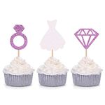 Set of 24 Glitter Diamond Ring Wedding Dress Cupcake Toppers for Engagement Bridal Shower Decorations (Purple)