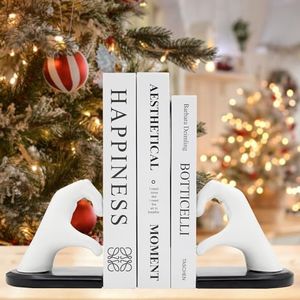 Xmeden White Bookends, Heavy Duty Bookend Holder Decor, Finger Heart Shaped, Modern Art Sculpture, Bookends Decorative, Boho Decor for Desktop Bedroom Study Room(White)