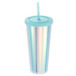 Uxcell Acrylic Tumbler with Lid and Straw, 24 Oz Insulated Double Wall Cups for Ice Coffee, Iridescent Travel Tumblers for Birthdays Gifts, Parties (Blue)