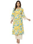 rytras Women's Cotton Printed A-Line Kurta with Pant Set(RYT563,Yellow,XL)