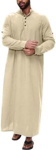 Kaftan for Men Button Down Islamic Thobe Ramadan Muslim Clothes Long Gown Robe Ihram for Umrah Prayer Biblical Costumes, A#_khaki, Medium