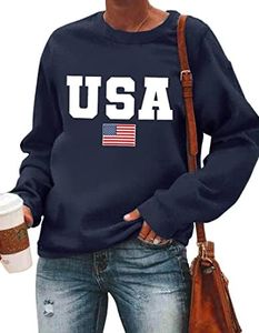 USA Sweatshirt Women American Flag Shirt Patriotic Tshirt Stars Stripes Pullover 4th of July Tee Tops, Navy, Large