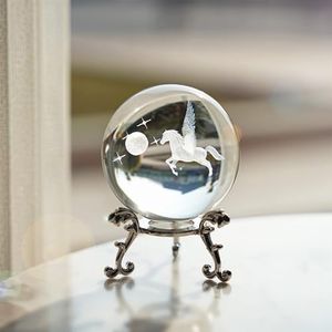 HDCRYSTALGIFTS 3D Laser Engraved Pegasus Crystal Decorative Ball with Silver Stand Crystal Horse Figurines Glass Sphere Home Decoration Ornament Birthday Gift,60mm/2.3inch