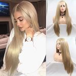 Xiweiya Lace Front Wigs Ash Blonde Lace Wigs Long Silky Straight Sand Blonde Hair 13x3 Lace Heat Resistant Fiber Wig High Density Hair-reparement Wig for Women Daily Wear, Halloween Cosplay Wig 24"