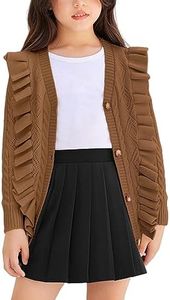 Arshiner Girls Sweater Kawaii Ruffled Trim Crop Sweater Thin Button-Up Crochet Sweater Fall V-Neck Long Sleeve Boho Cardigan Pointelle Sweaters Coffee Brown for 5-6 Years