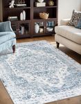 Morebes Boho Living Room Rug,Machine Washable Area Rugs 5x7 Non-Slip, Low-Pile Distressed Medallion Soft Non Shedding Throw Carpet for Bedroom Kitchen Home Office, Blue/Multi