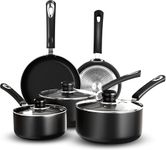 KICHLY Set of 5 Non-Stick Pots and Pans Cookware Set - Induction Hob Set (Frying Pans 20cm, 28cm) - (Saucepan Set with Lids 16cm, 20cm, 22cm) - Bakelite Handles - Firm Grip - Easy Cleaning