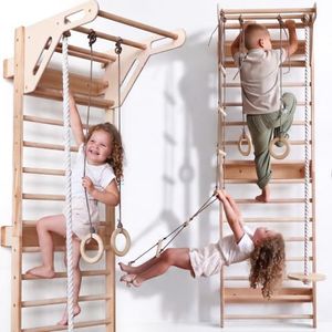 Goodevas Kids Climbing Frame | Montessori Wooden Playground with Swedish Wall, Swing, Gym Rings, Ladder & Monkey Bar for Toddlers – Wall-Mounted Indoor Gym