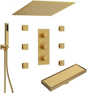 GRANDJOY 12" Ceiling LED Rainfall Shower System with 6 Body Jets, Handheld Sprayer & 12" Shower Drain Combo, Brushed Gold