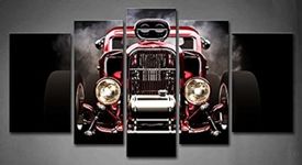 First Wall Art - Car Hot Rod Wall Art Decor Vintage Classic Car with Smoke on Black Background Canvas Pictures Artwork 5 Panel Painting Prints for Home Living Dining Room