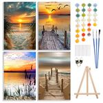 4 Pack Paint by Number Kits for Adults with Framed Canvas&Wooden Easel, DIY Adult Painting by Number Kit Oil Acrylic, Sunset Beach Painting Kit for Beginners, Arts and Crafts for Home Decor 8x12inch