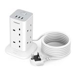 Tower Extension Lead 3M with 3 USB Slots, TESSAN Extension Cable 8 Way Multi Socket Plug Extension Tower, Surge Protected Extension Cord with Switch, Plug Tower Power Strip for Home, Office, Kitchen