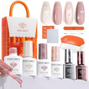 modelones Gel Nail Polish Kit with U V Light, 4 Colors Gel Mini Salon, Base&Top Coat and Stickers, Milky White Nude Pink Glitter Fall Manicure Set, DIY Home Nail Art Decoration Kit, Gift for Women