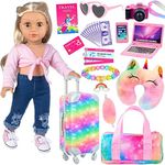 K.T. Fancy 9 PCS American 18 Inch Girl Doll Accessories Suitcase Luggage Travel Set Including Rainbow Suitcase Rainbow Bag Camera Computer Cell Phone Neck Pillow Eye Mask Pink Glasses Bracelet etc