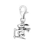 Quiges 925 Sterling Silver 3D Rabbit with Ski's and Scarf Lobster Clasp Charm Clip on Pendant