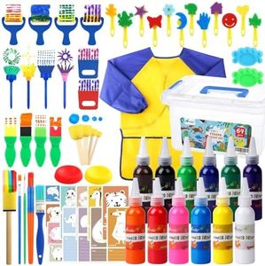 65 Pack Washable 12 Color Finger Paints Set with Sponges, Paint Brushes, Waterproof Paint Smock, Palettes, Cards, Storage Box for Toddler Early Learning Kids