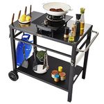 VEVOR Outdoor Grill Dining Cart with Double-Shelf, BBQ Movable Food Prep Table, Multifunctional Iron Table Top, Portable Modular Carts for Pizza Oven, Worktable with 2 Wheels, Carry Handle, Black