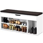 Multigot Shoe Bench, Shoe Storage Organizer with Lift Up Bench Top, Seat Cushion and 3 Compartments, Wooden Shoe Rack Stool for Entryway Hallway Bedroom Living Room (White)