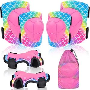 PAMAID Knee Pads for Kids Adjustable Protective Gear Set with Mesh Bag Knee Pads and Elbow Pads Wrist Guard for Girls Kids Roller Skates Cycling Skateboard Scooter, 3-8 Years (Pink Mermaid)