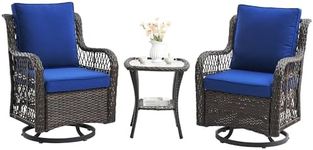 GarveeLife 3 Pieces Outdoor Swivel Rocker Chair Set, Outdoor Swivel Glider Rocker, Outdoor Rocking Chair Set with Glass Top Table with Thick Cushions for Backyard, Balcony, Deck