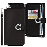 JUST4YOU Zipper Wallet Flip Cover Case Compatible with Apple iPhone 13 Pro [Handmade, Premium PU Leather, Credit Card Holder Slots, Hand Strap Included] - Black