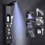 ROVOGO Led Shower Panel Tower System with Shelf, Rainfall & Mist Shower Head, Body Jets, Handheld and Tub Spout, Stainless Shower Column with Led Lights, Black