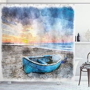 Ambesonne Sunrise Shower Curtain, Fishing Boat on Beach with Horizon on Backdrop Seashore Grunge Watercolor Print, Cloth Fabric Bathroom Decor Set with Hooks, 69" W x 75" L, Orange Blue