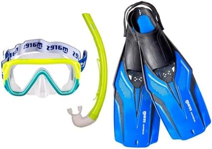 Mares Junior Nateeva Keewee Snorkeling Gear Set for Kids, Wide-Vision Clear Lens Mask, Ergonomic Snorkel, Lightweight Open Heel Swimming Fins XS, Blue