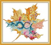 YEESAM ART Cross Stitch Kits Stamped for Adults Beginner Kids, City in Maple Leaf Abstract 11CT 47×42cm DIY Embroidery Needlework Kit with Patterns Needlepoint Christmas (City)